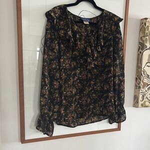 90s Floral Black Blouse with Ruffle Collar and sleeve